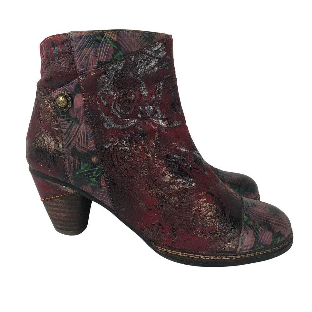 L'Artiste Spring Step Waterlily Floral Leather Ankle Boots Sz 39 Red Metallic - Picture 2 of 16
